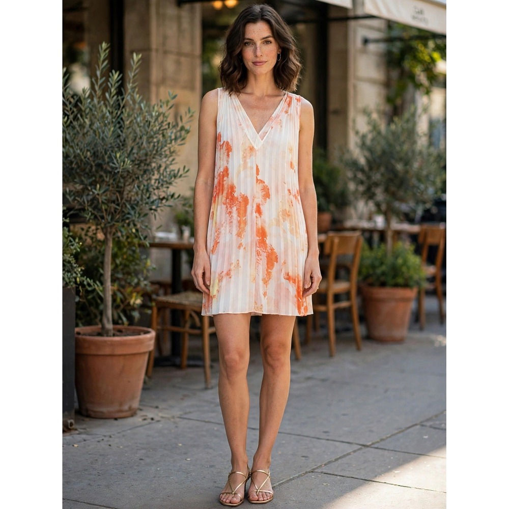 Club Monaco Orange Pink Abstract Floral Pleated V-Neck Mini Dress Size 4
